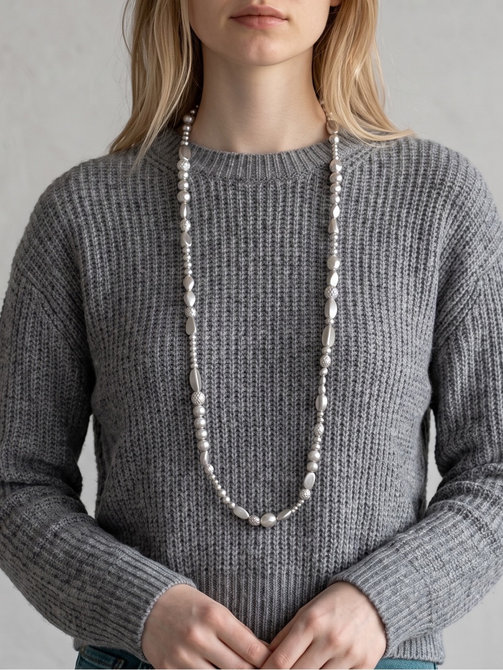 Chico's Bonnie Single Long Silver Bead Necklace NWT